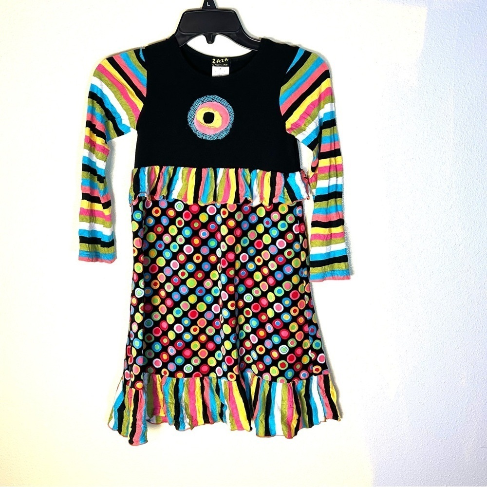 Zaza Couture Dress Size 7 Circle Striped Velvet Cotton Viscose Whimsy Fun